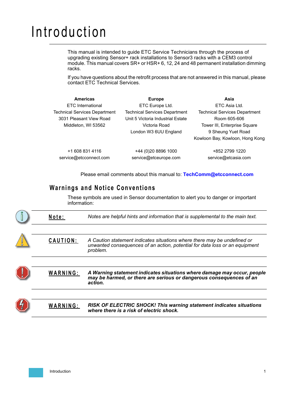 Introduction, Warnings and notice conventions, N o t e | ETC Sensor+ Rack (SR+ HSR+) CEM+ to CEM3 Retrofit User Manual | Page 3 / 16