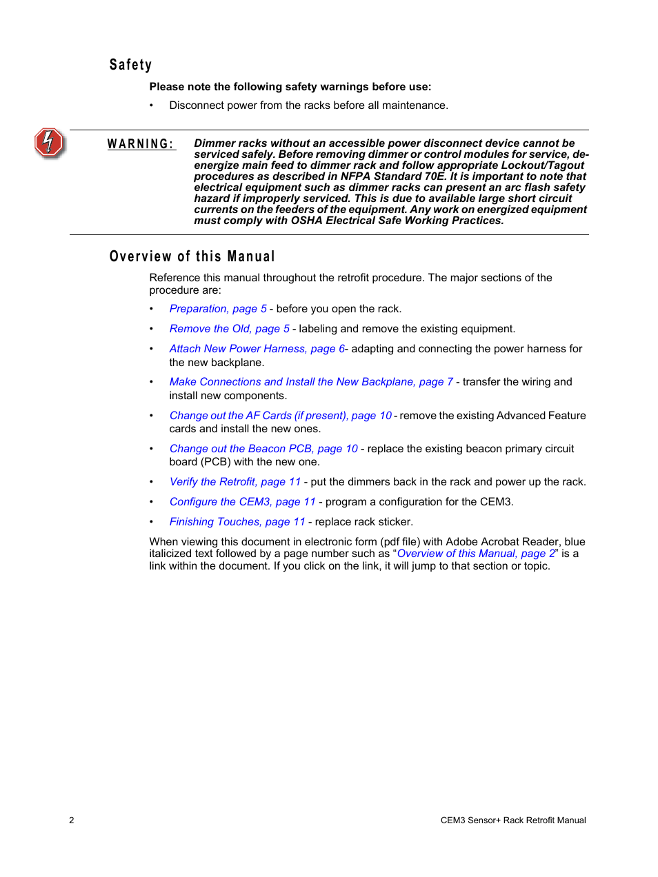 Safety, Overview of this manual | ETC Sensor+ Rack (SR+ HSR+) CEM+ to CEM3 Retrofit User Manual | Page 4 / 16