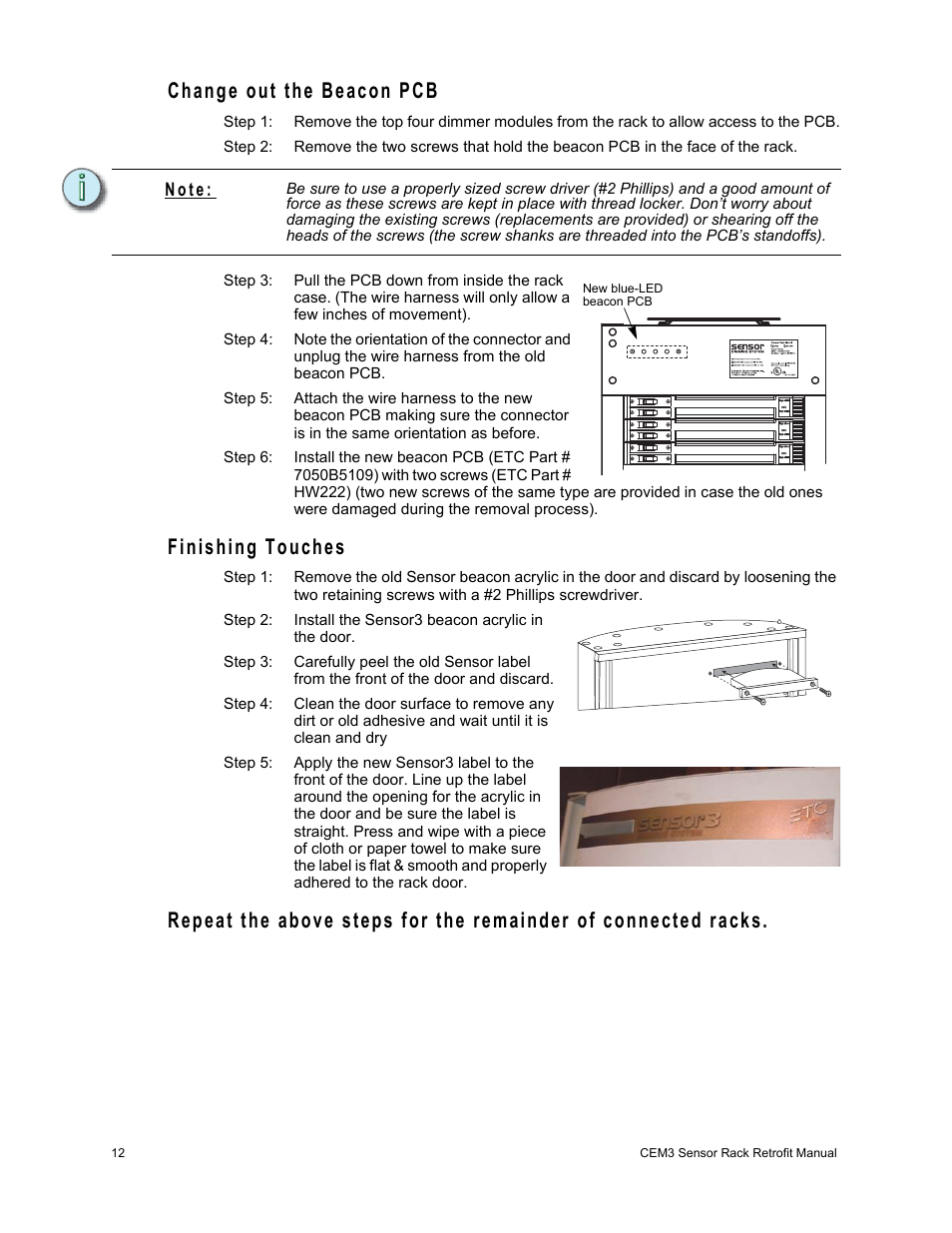 Change out the beacon pcb, Finishing touches | ETC Sensor+ CE Rack (ESR+) CEM+ to CEM3 Retrofit User Manual | Page 14 / 16
