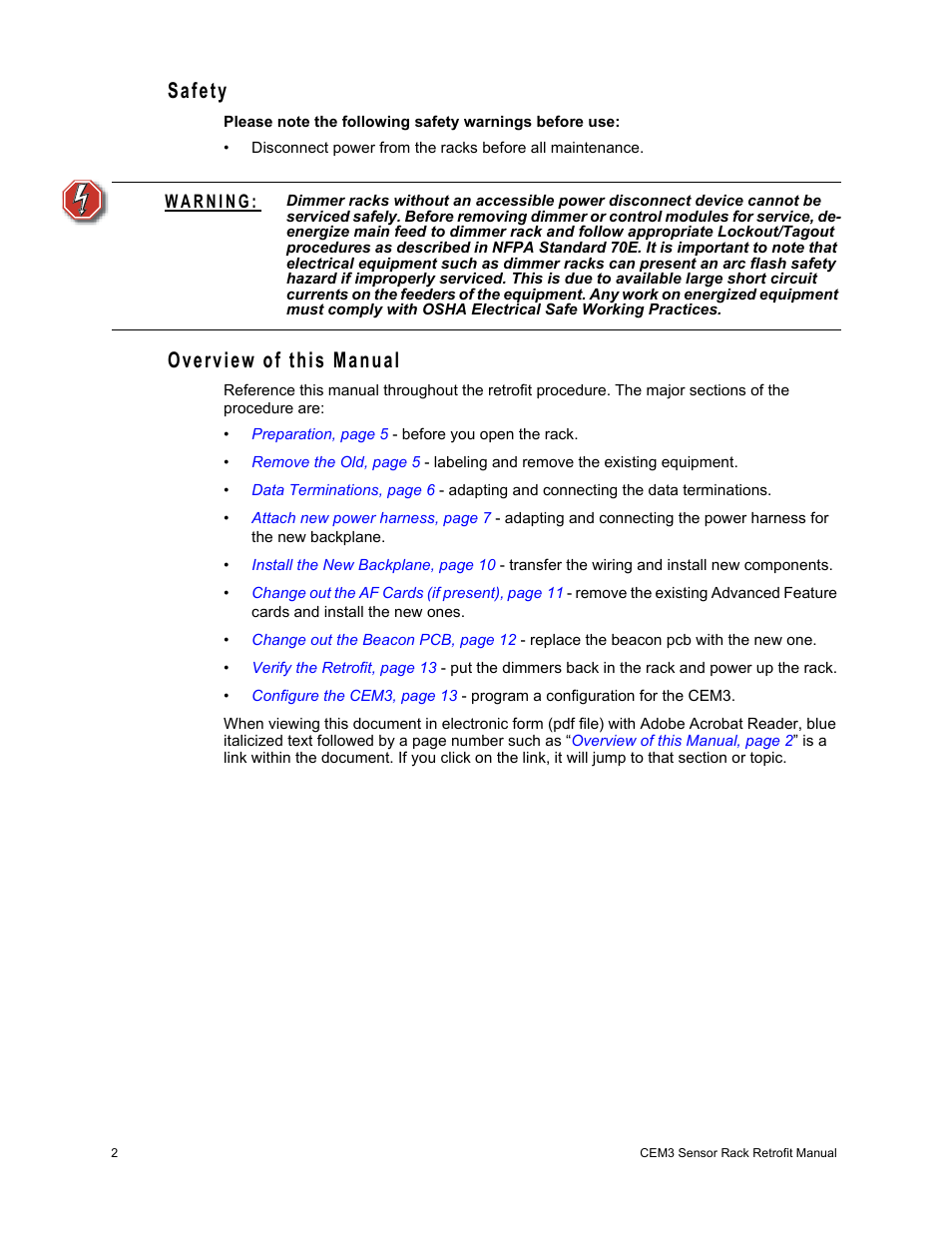 Safety, Overview of this manual | ETC Sensor+ CE Rack (ESR+) CEM+ to CEM3 Retrofit User Manual | Page 4 / 16