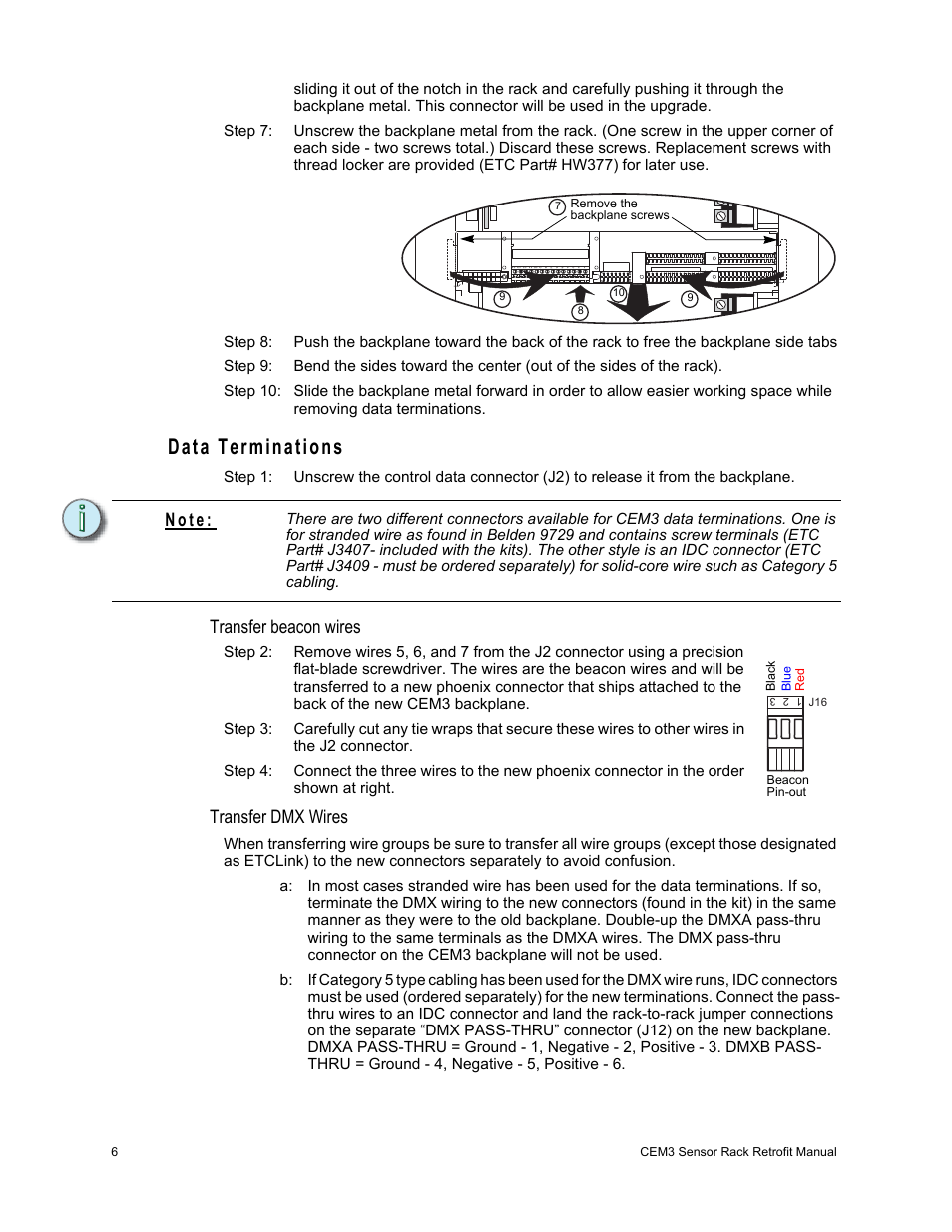 Data terminations, Transfer beacon wires, Transfer dmx wires | N o t e | ETC Sensor+ CE Rack (ESR+) CEM+ to CEM3 Retrofit User Manual | Page 8 / 16