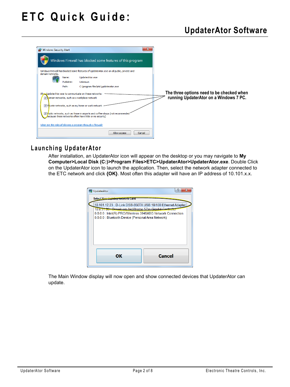 Launching updaterator, Updaterator software | ETC UpdaterAtor v3.0.0 User Manual | Page 2 / 8