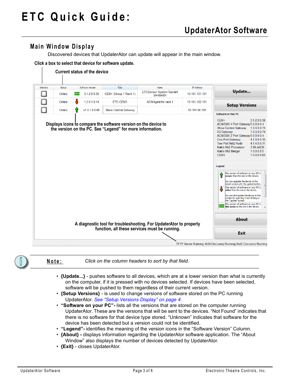 Main window display, Updaterator software | ETC UpdaterAtor v3.0.0 User Manual | Page 3 / 8