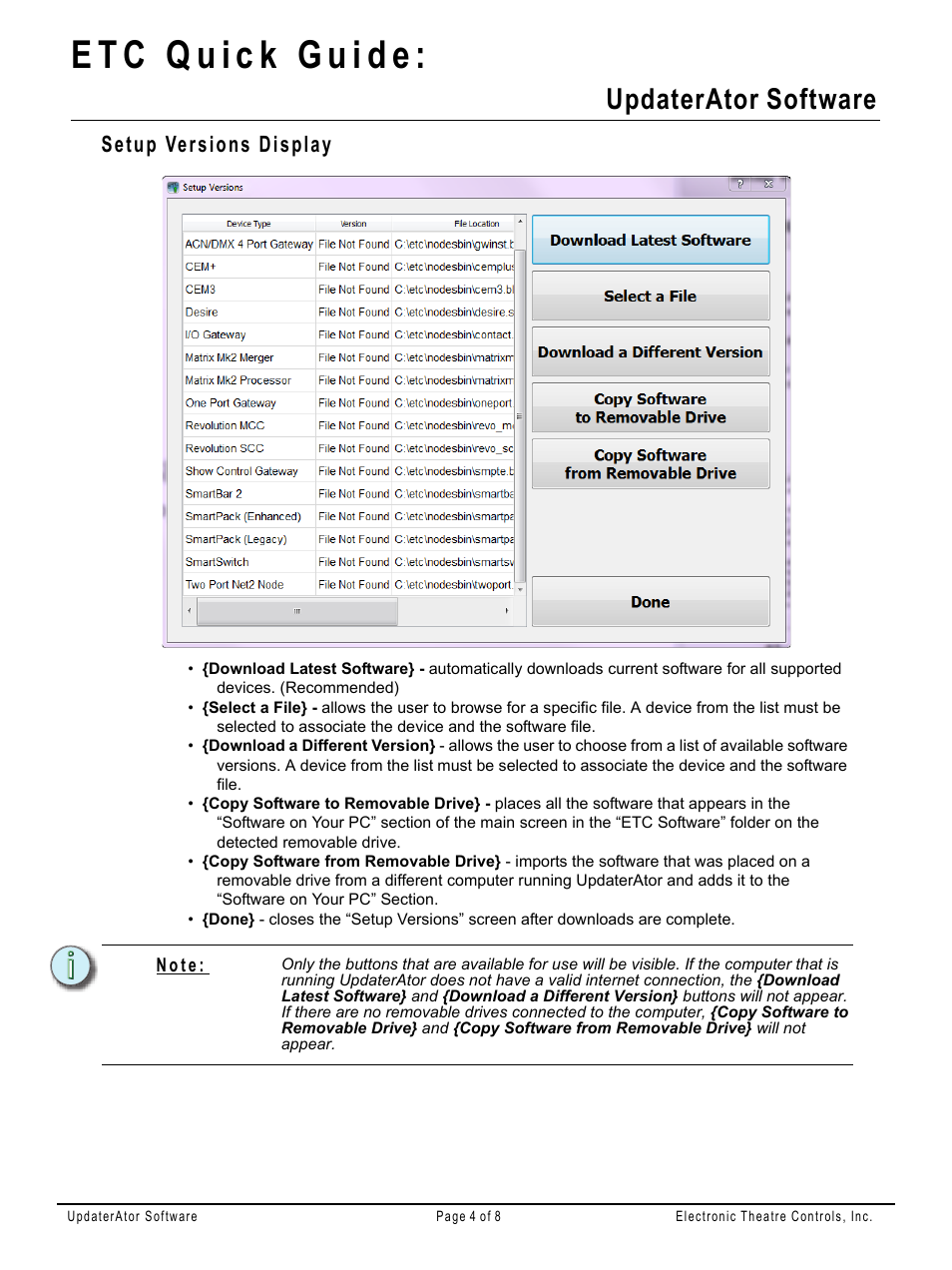Setup versions display, Updaterator software | ETC UpdaterAtor v3.0.0 User Manual | Page 4 / 8