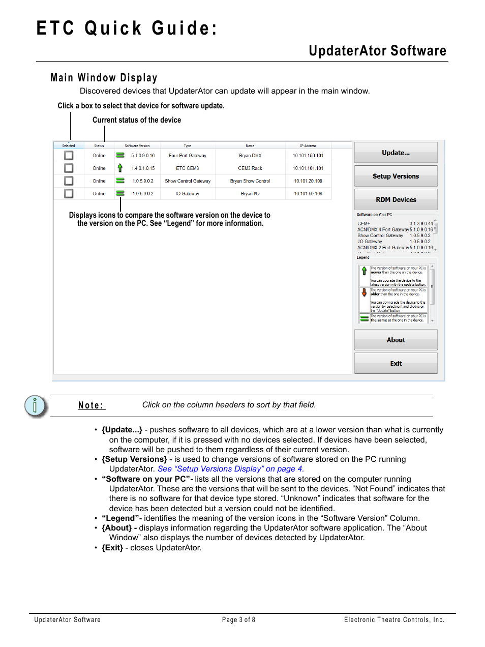 Main window display, Updaterator software | ETC UpdaterAtor v4.2.0 User Manual | Page 3 / 8