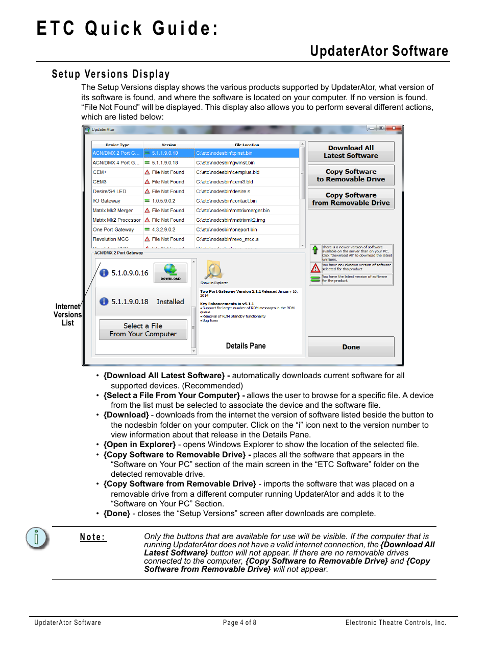 Setup versions display, Updaterator software | ETC UpdaterAtor v4.2.0 User Manual | Page 4 / 8