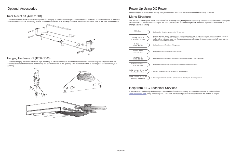 Power up using dc power, Menu structure, Optional accessories | Help from etc technical services | ETC Net3 I O Gateway Setup Guide User Manual | Page 2 / 2