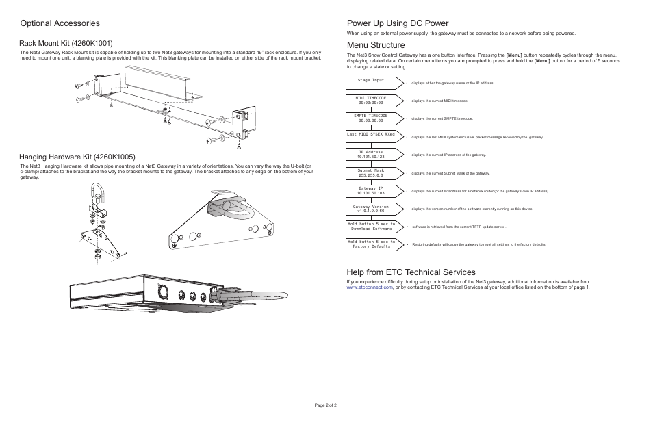 Power up using dc power, Menu structure, Optional accessories | Help from etc technical services | ETC Net3 Show Control Gateway Setup Guide User Manual | Page 2 / 2