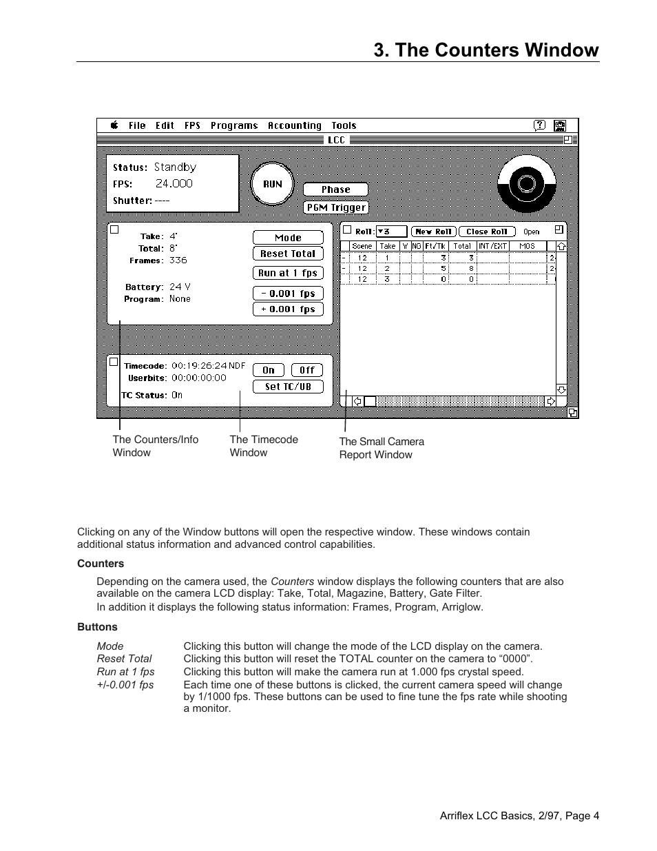 The counters window | ARRI Laptop Camera Controller Arriflex LCC User Manual | Page 4 / 10