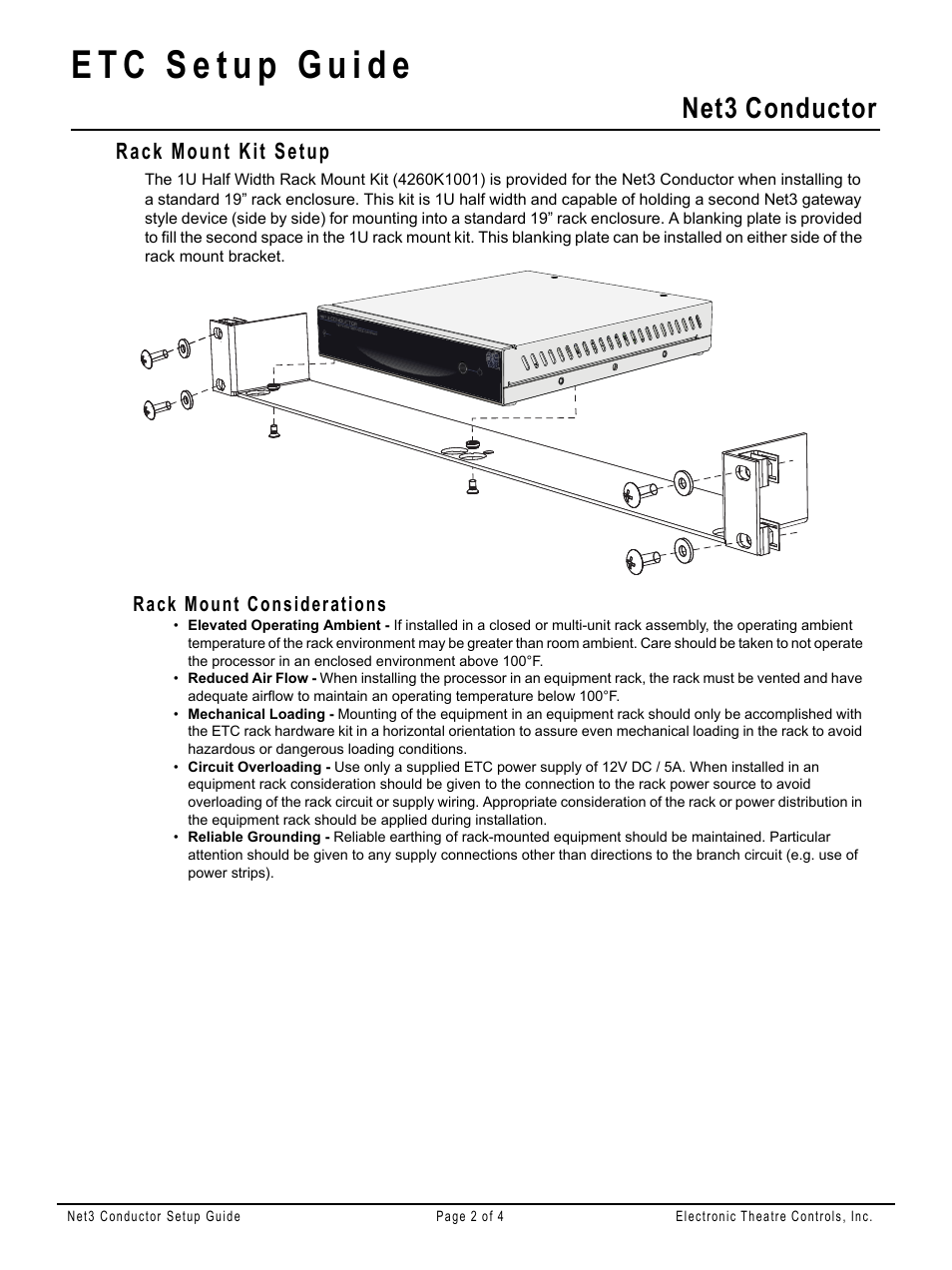 Rack mount kit setup, Rack mount considerations, Net3 conductor | ETC Net3 Conductor Network Services Gateway Setup Guide User Manual | Page 2 / 4