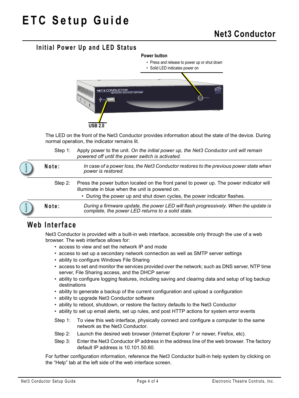 Initial power up and led status, Web interface, Net3 conductor | ETC Net3 Conductor Network Services Gateway Setup Guide User Manual | Page 4 / 4