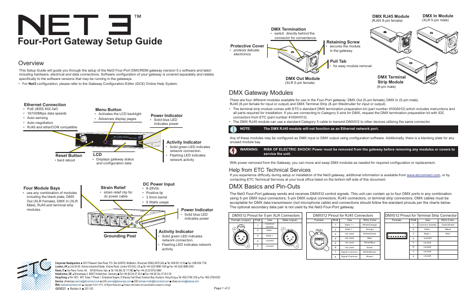 ETC Net3 Four Port DMX Gateway User Manual | 2 pages