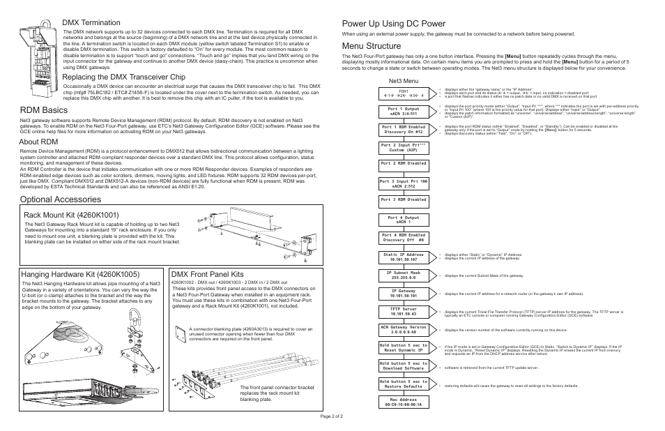 Rdm basics, Optional accessories, Power up using dc power | Menu structure, Dmx termination, Replacing the dmx transceiver chip, About rdm, Dmx front panel kits, Net3 menu | ETC Net3 Four Port DMX Gateway User Manual | Page 2 / 2