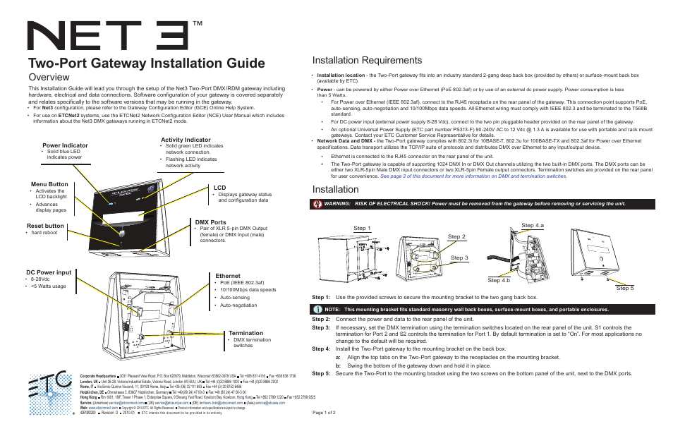 ETC Net3 Two Port DMX Gateway User Manual | 2 pages