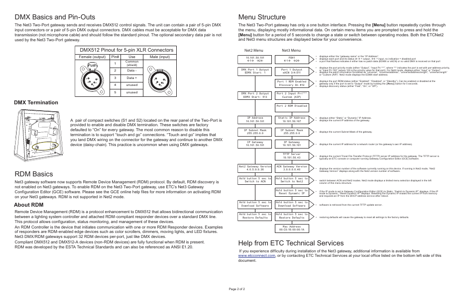 Menu structure, Dmx basics and pin-outs, Rdm basics | Help from etc technical services, Dmx termination, About rdm, Dmx512 pinout for 5-pin xlr connectors | ETC Net3 Two Port DMX Gateway User Manual | Page 2 / 2