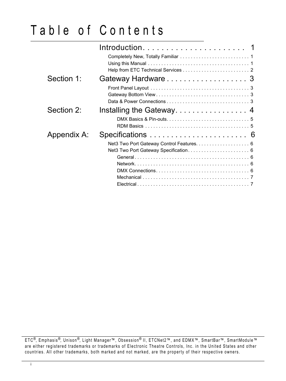 Introduction, Appendix a: specifications | ETC Net3 Two Port DMX Gateway User Manual | Page 3 / 12