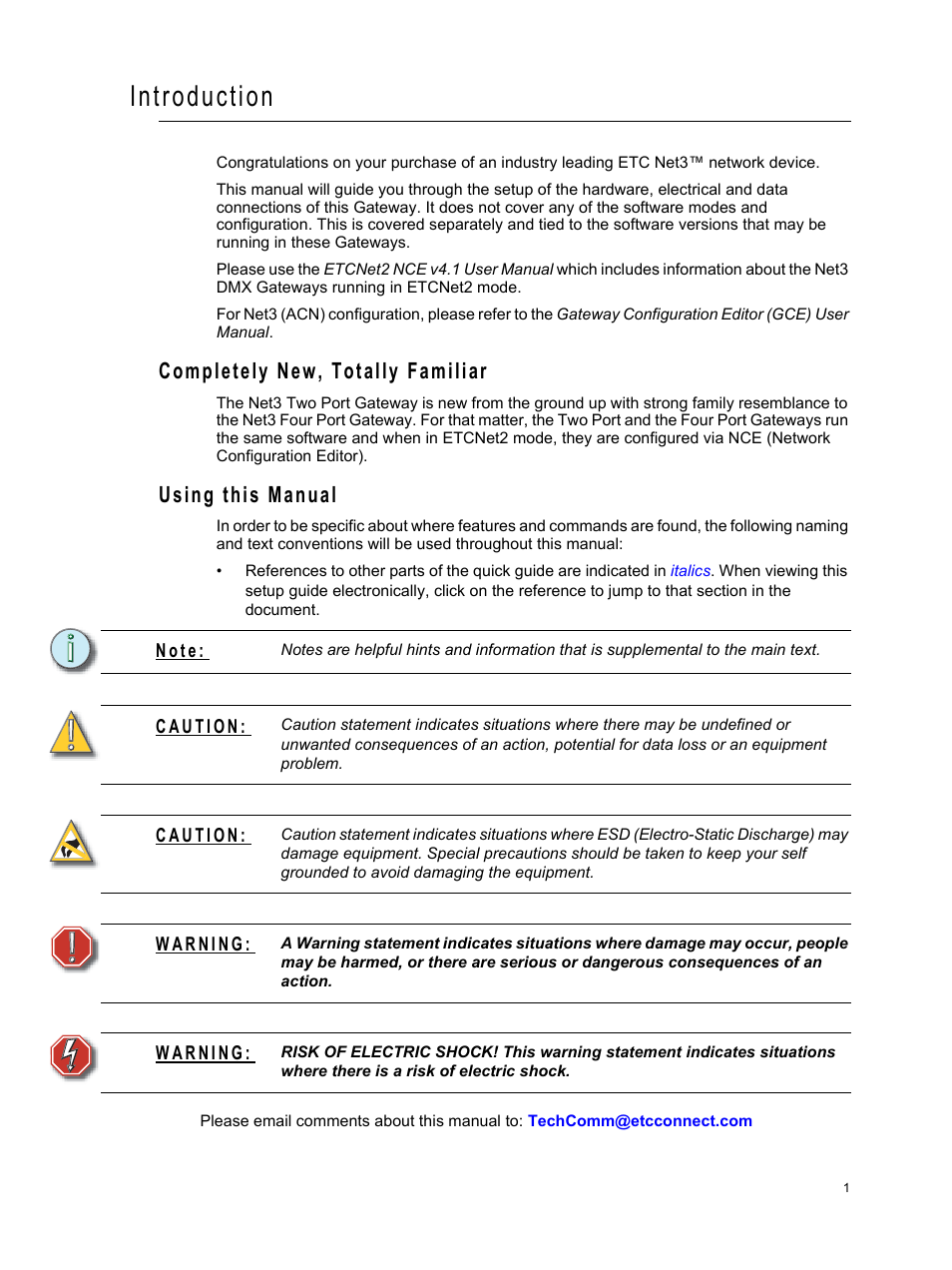 Introduction, Completely new, totally familiar, Using this manual | Completely new, totally familiar using this manual | ETC Net3 Two Port DMX Gateway User Manual | Page 5 / 12