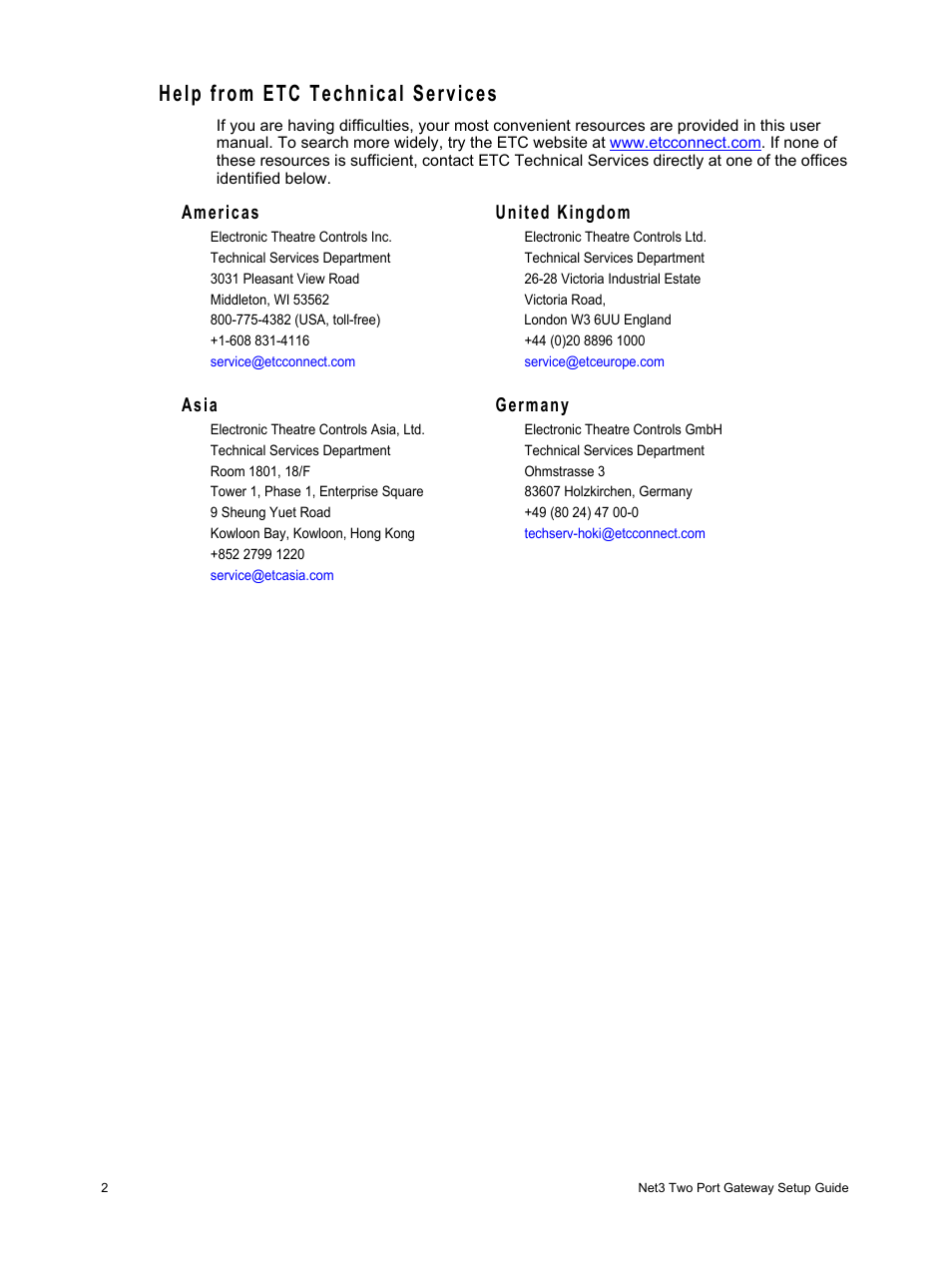 Help from etc technical services, Americas united kingdom, Asia germany | ETC Net3 Two Port DMX Gateway User Manual | Page 6 / 12