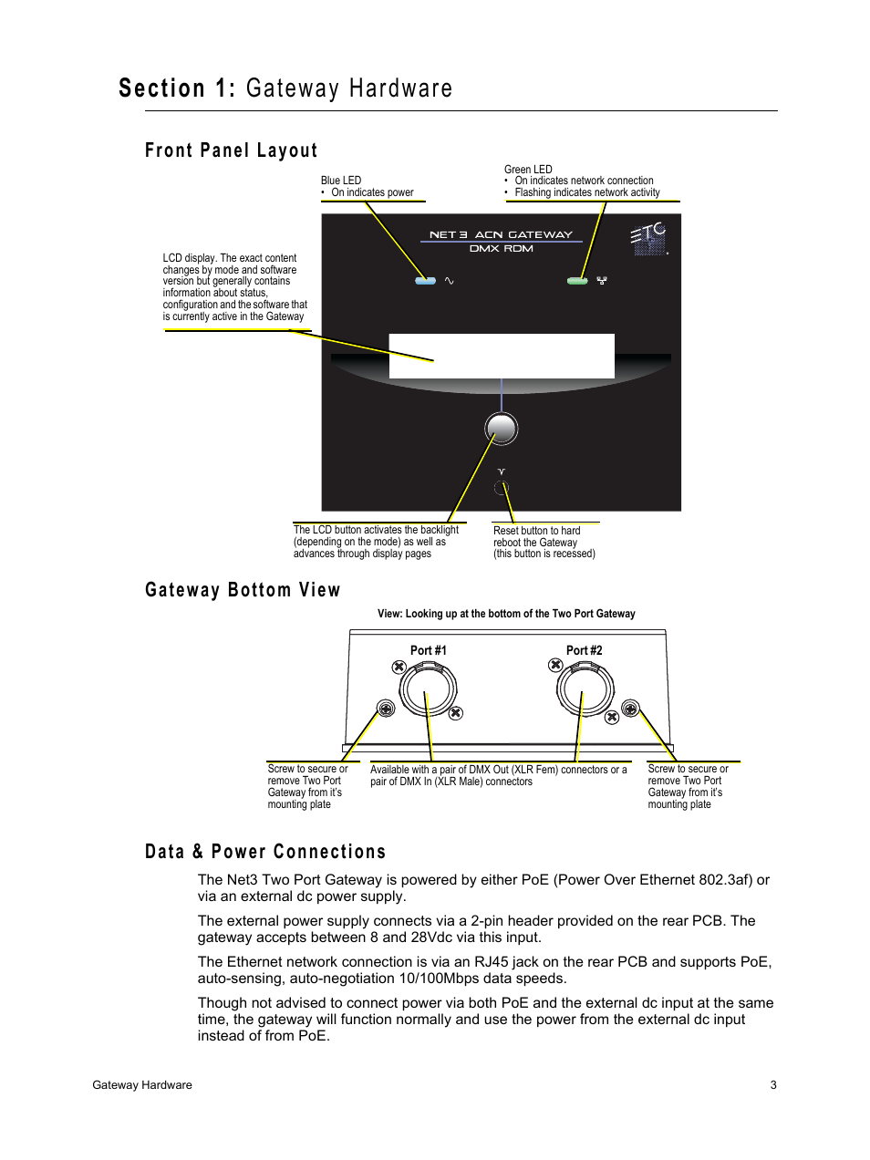 Section 1: gateway hardware, Front panel layout, Gateway bottom view | Data & power connections, Section 1, Gateway hardware | ETC Net3 Two Port DMX Gateway User Manual | Page 7 / 12