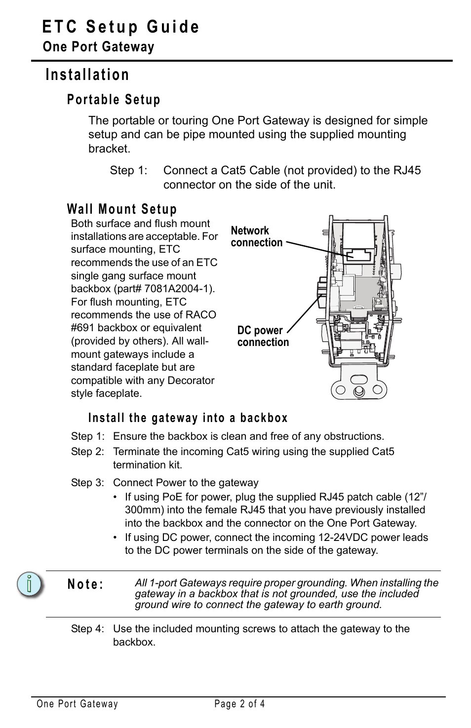 Installation, Portable setup, Wall mount setup | Install the gateway into a backbox, One port gateway, N o t e | ETC DMX-RDM One Port Gateway Setup Guide User Manual | Page 2 / 4