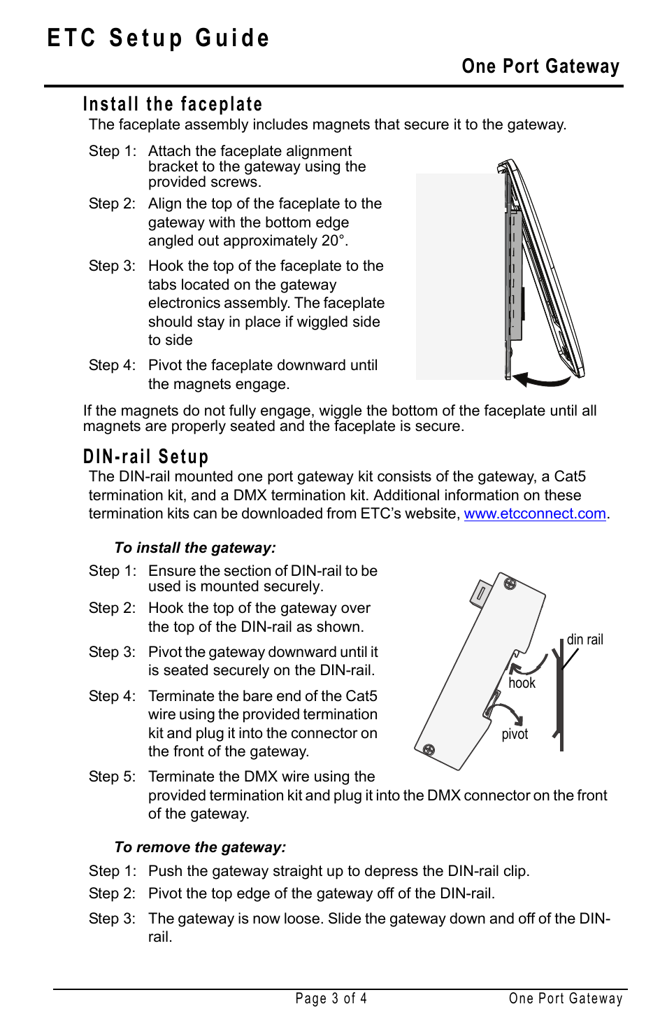 Install the faceplate, Din-rail setup, One port gateway | ETC DMX-RDM One Port Gateway Setup Guide User Manual | Page 3 / 4