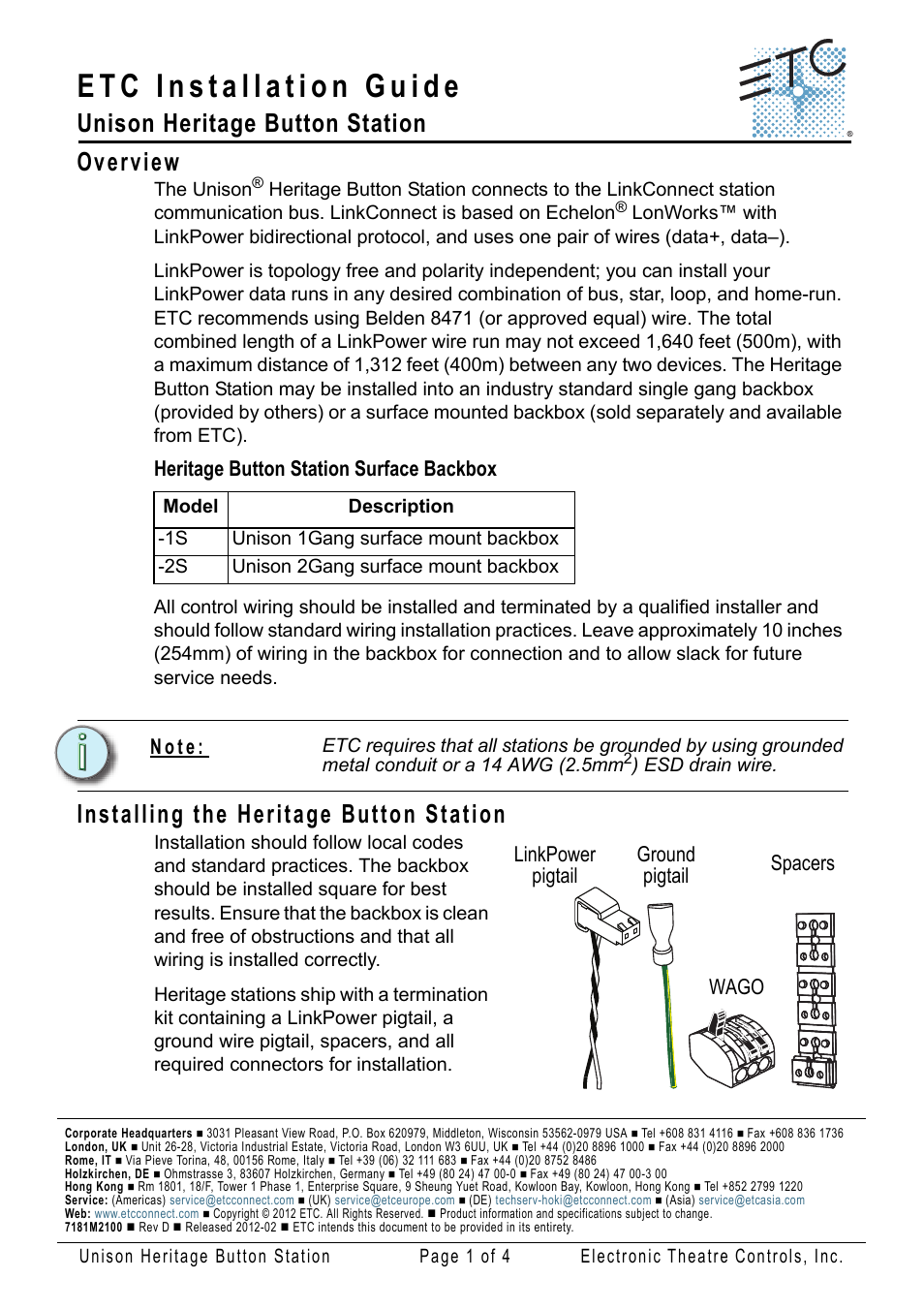 ETC Unison Heritage Button Station User Manual | 4 pages