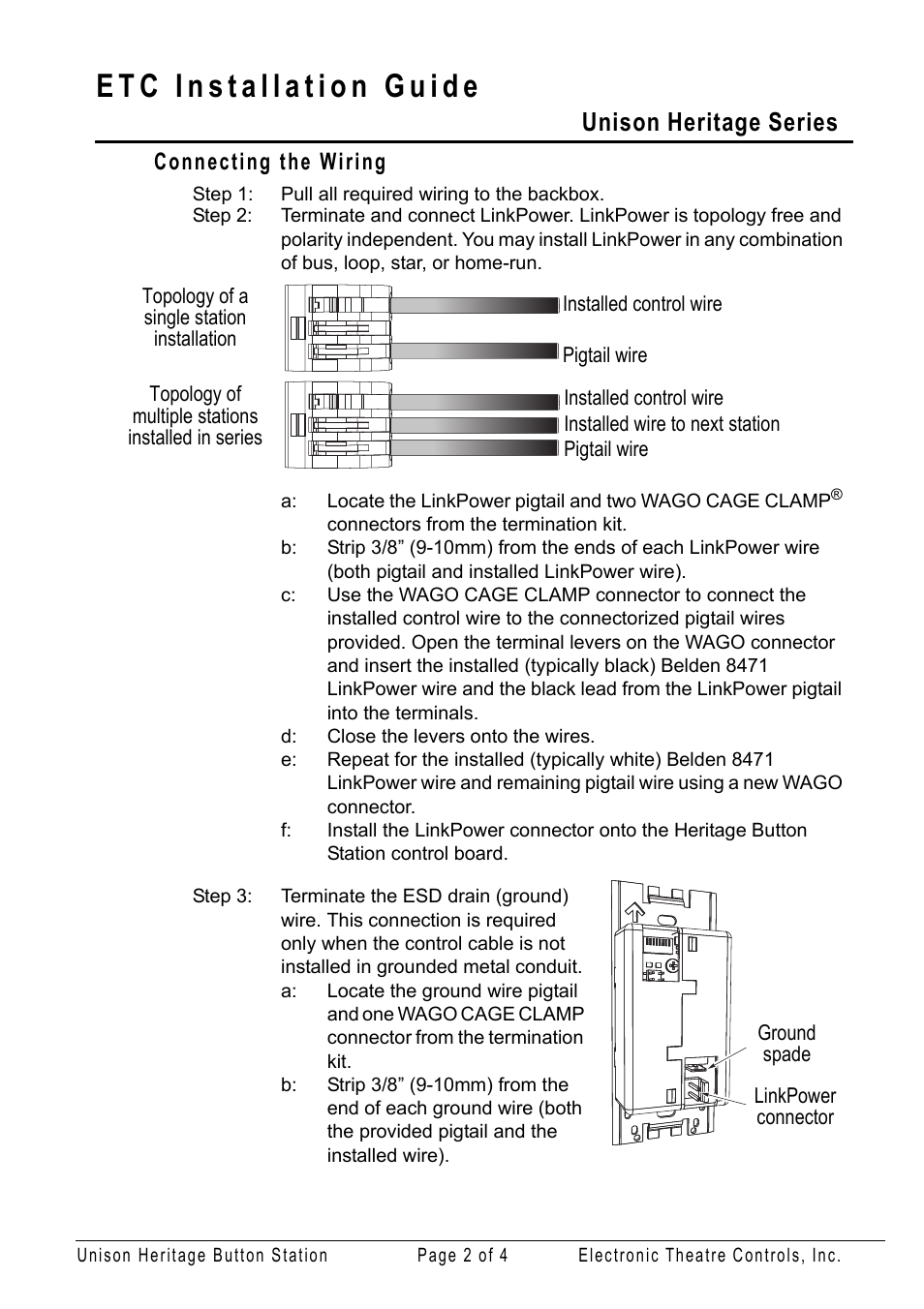 Connecting the wiring, Unison heritage series | ETC Unison Heritage Button Station User Manual | Page 2 / 4