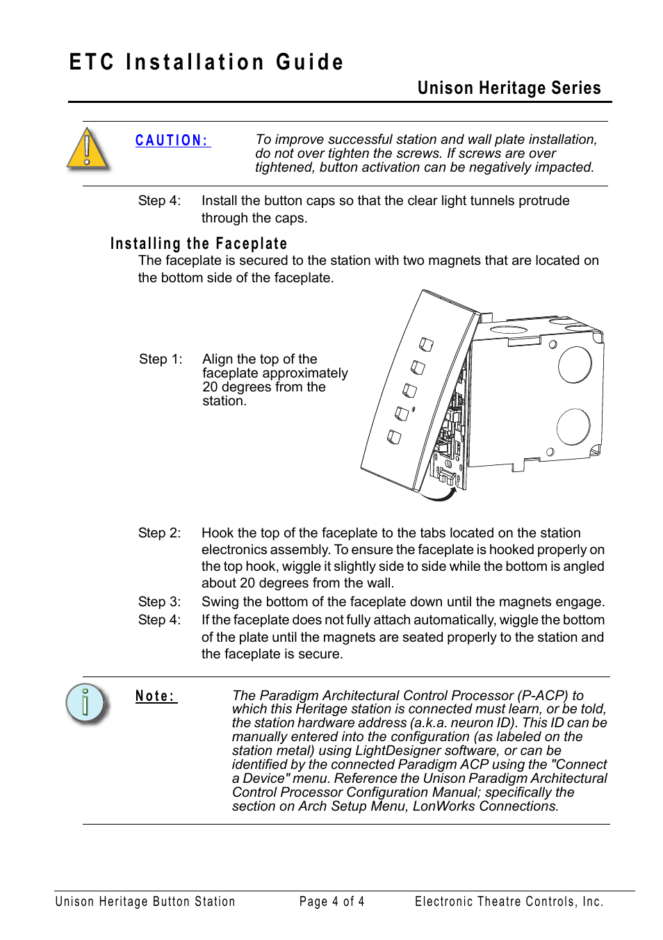 Installing the faceplate, Unison heritage series | ETC Unison Heritage Button Station User Manual | Page 4 / 4