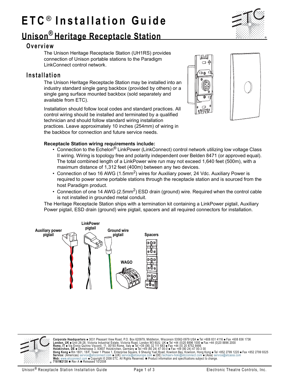 ETC Unison Heritage Portable Receptacle Station User Manual | 3 pages