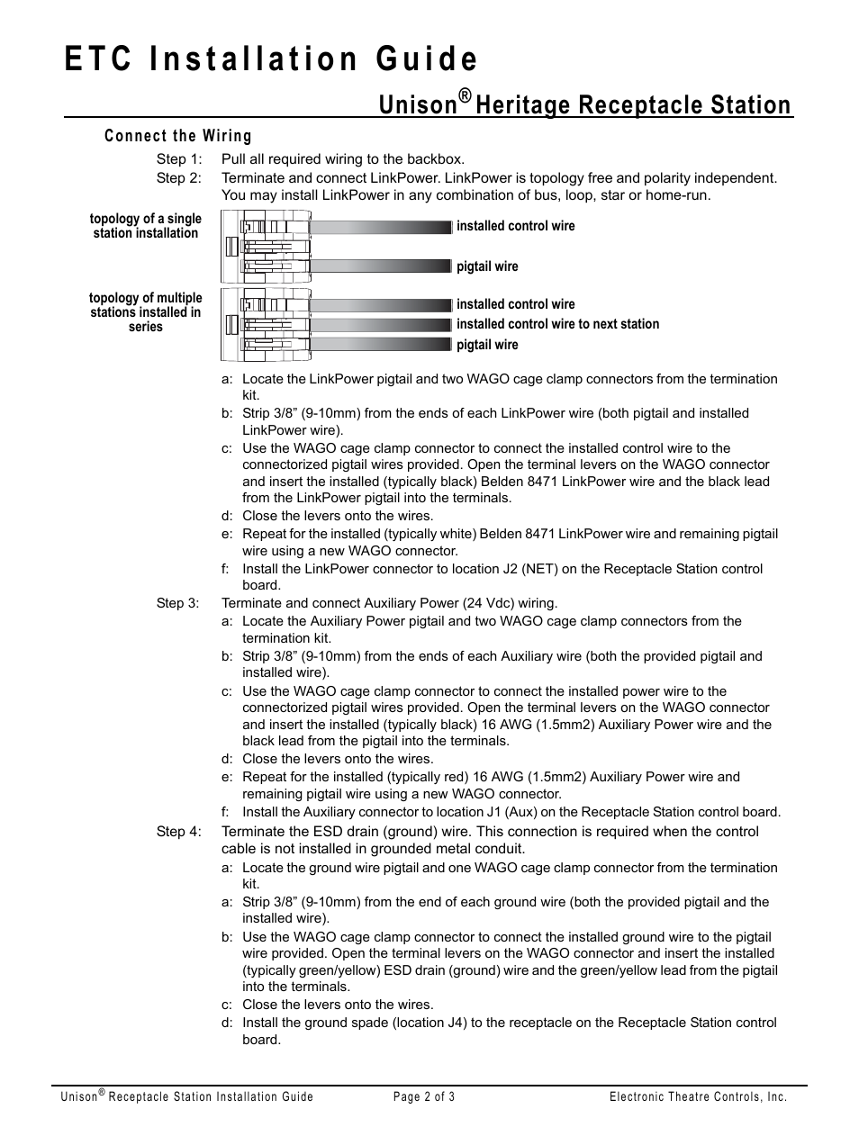 Connect the wiring, Unison, Heritage receptacle station | ETC Unison Heritage Portable Receptacle Station User Manual | Page 2 / 3