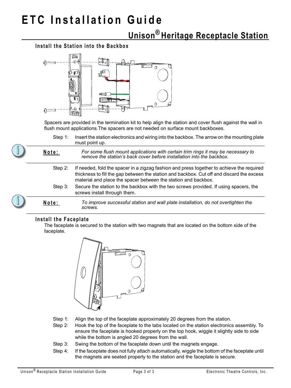 Install the station into the backbox, Install the faceplate, Unison | Heritage receptacle station | ETC Unison Heritage Portable Receptacle Station User Manual | Page 3 / 3