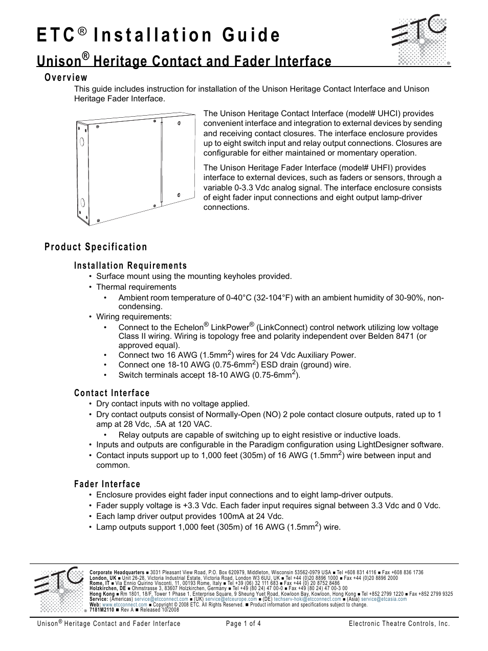 ETC Unison Heritage Contact and Fader Interface User Manual | 4 pages
