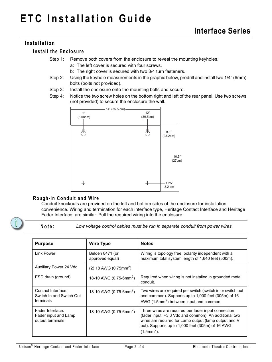 Installation, Install the enclosure, Rough-in conduit and wire | Interface series, N o t e | ETC Unison Heritage Contact and Fader Interface User Manual | Page 2 / 4