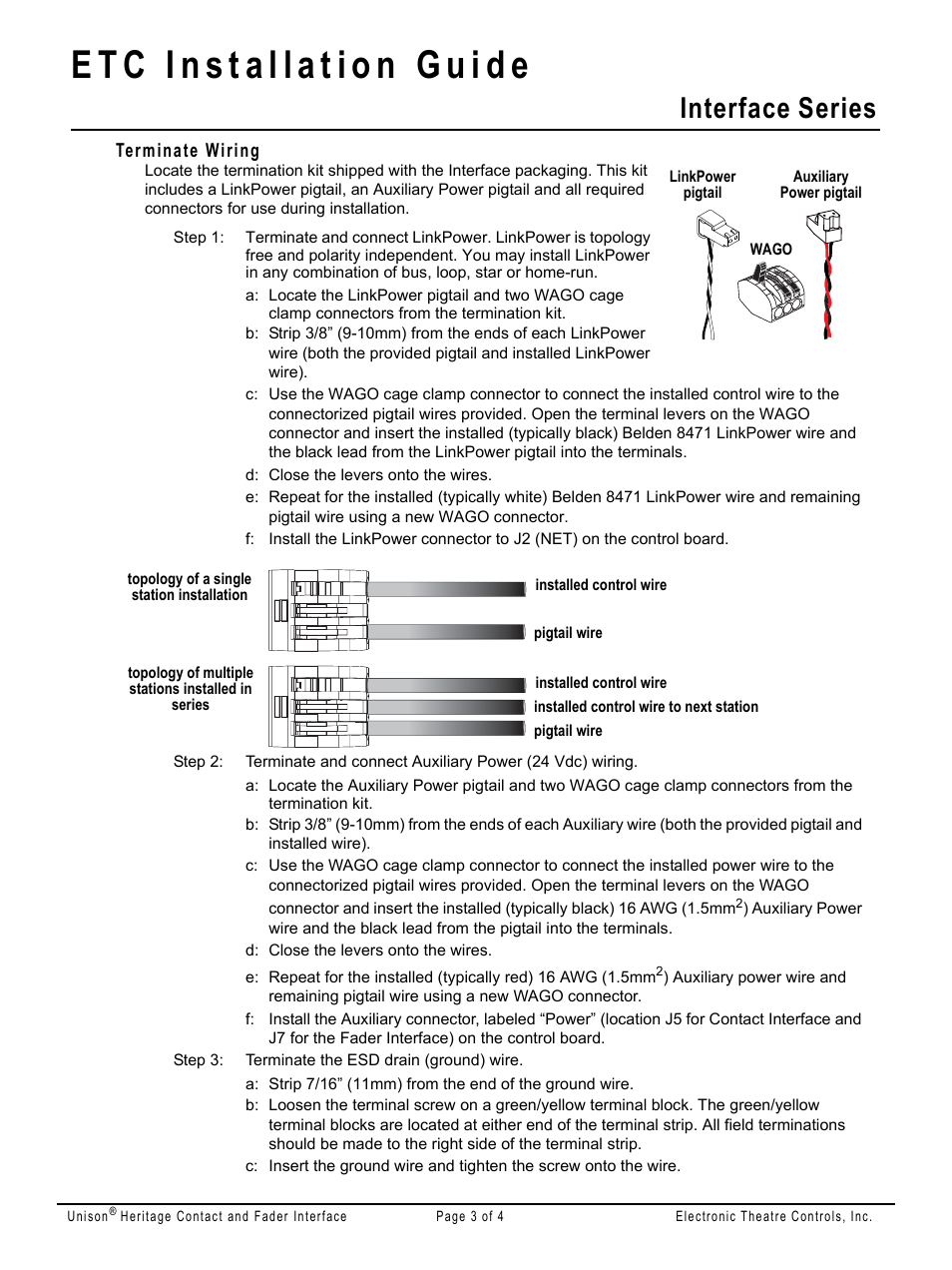 Terminate wiring, Interface series | ETC Unison Heritage Contact and Fader Interface User Manual | Page 3 / 4