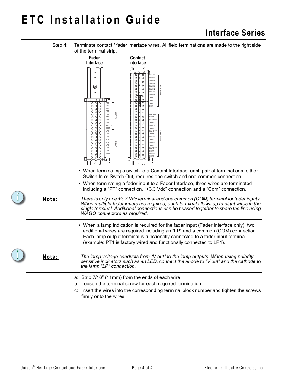 Interface series, N o t e, Contact interface fader interface | Unison | ETC Unison Heritage Contact and Fader Interface User Manual | Page 4 / 4