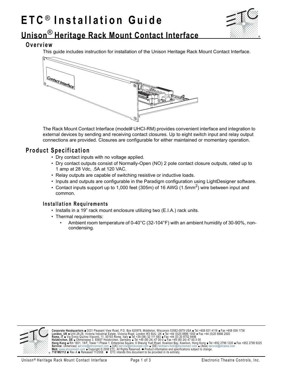 ETC Unison Heritage Rackmount Contact Interface User Manual | 3 pages