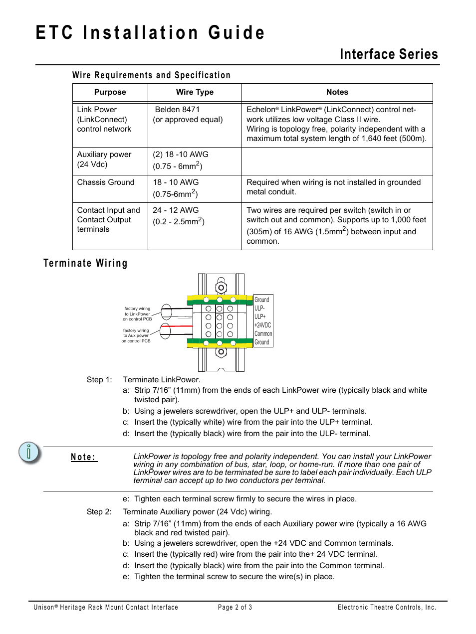 Wire requirements and specification, Terminate wiring, Interface series | N o t e | ETC Unison Heritage Rackmount Contact Interface User Manual | Page 2 / 3