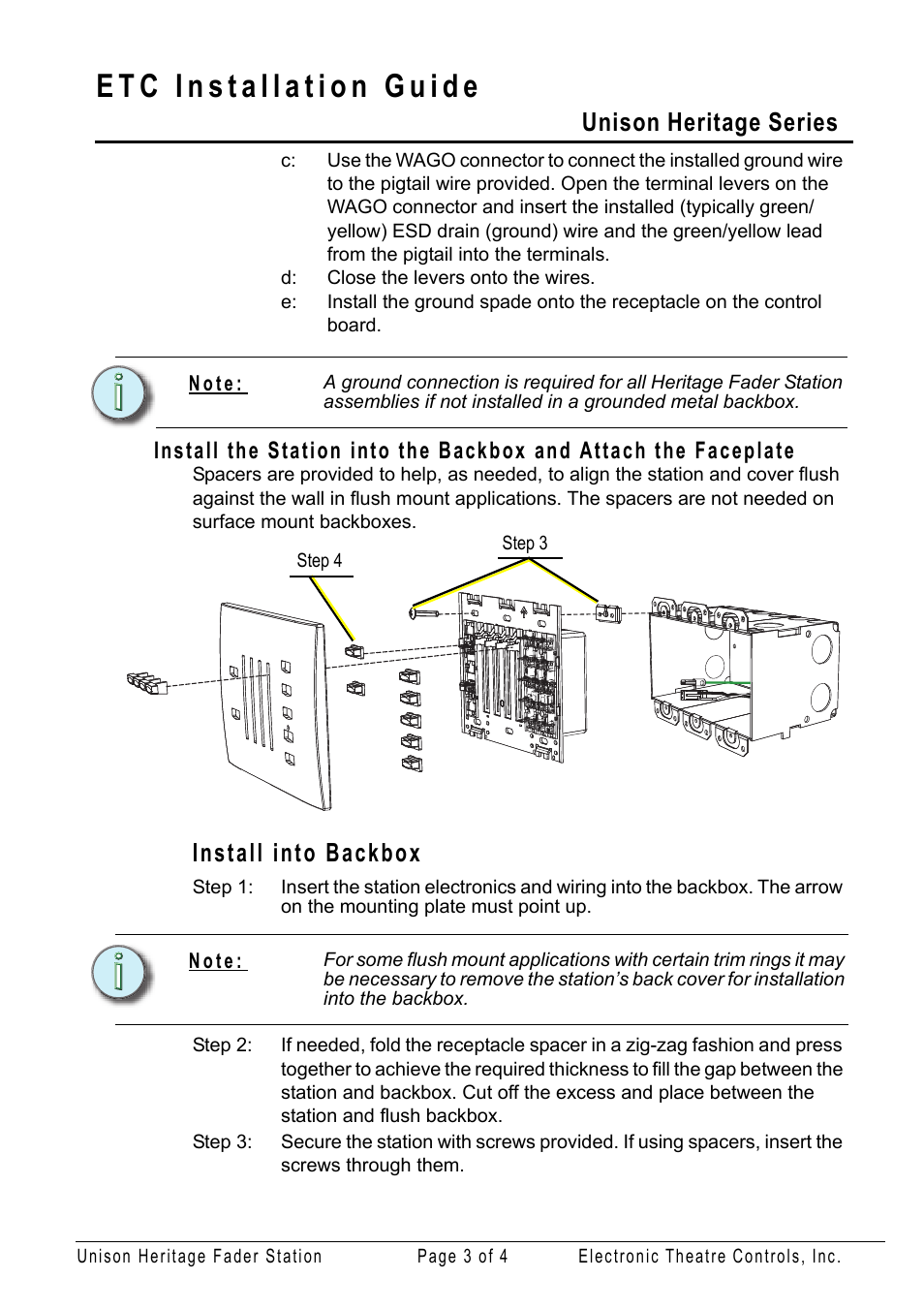 Install into backbox, Unison heritage series | ETC Unison Heritage Fader Station User Manual | Page 3 / 4