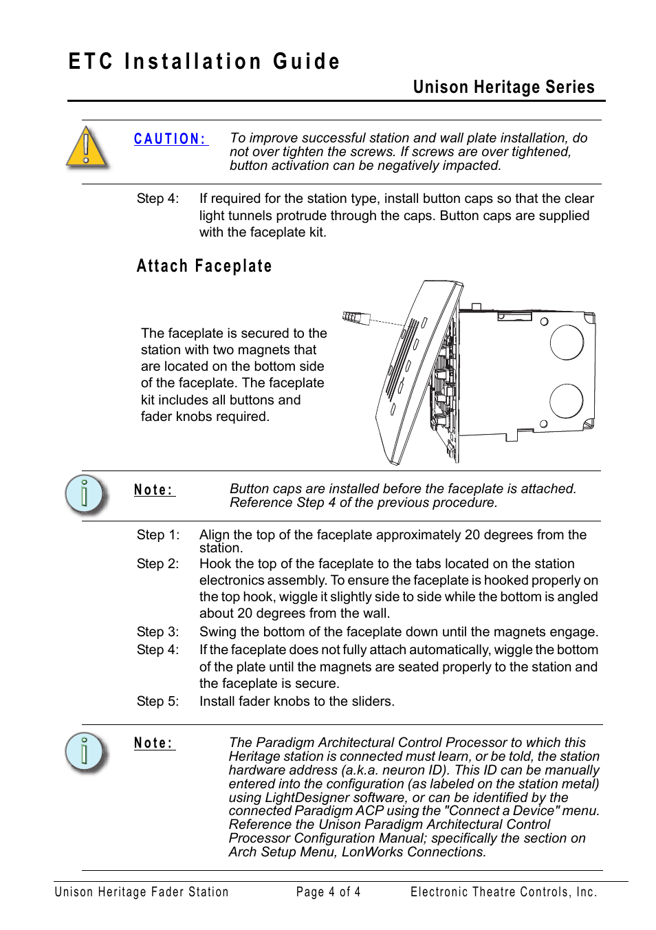 Attach faceplate, Unison heritage series | ETC Unison Heritage Fader Station User Manual | Page 4 / 4