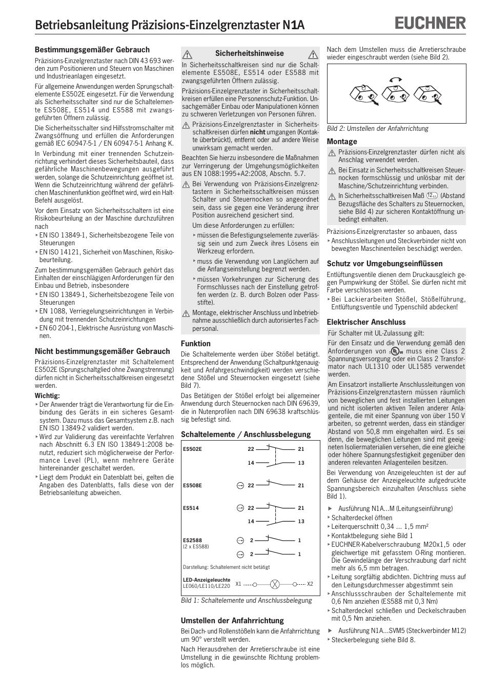 EUCHNER N1A Single hole fixing limit switch User Manual | 12 pages