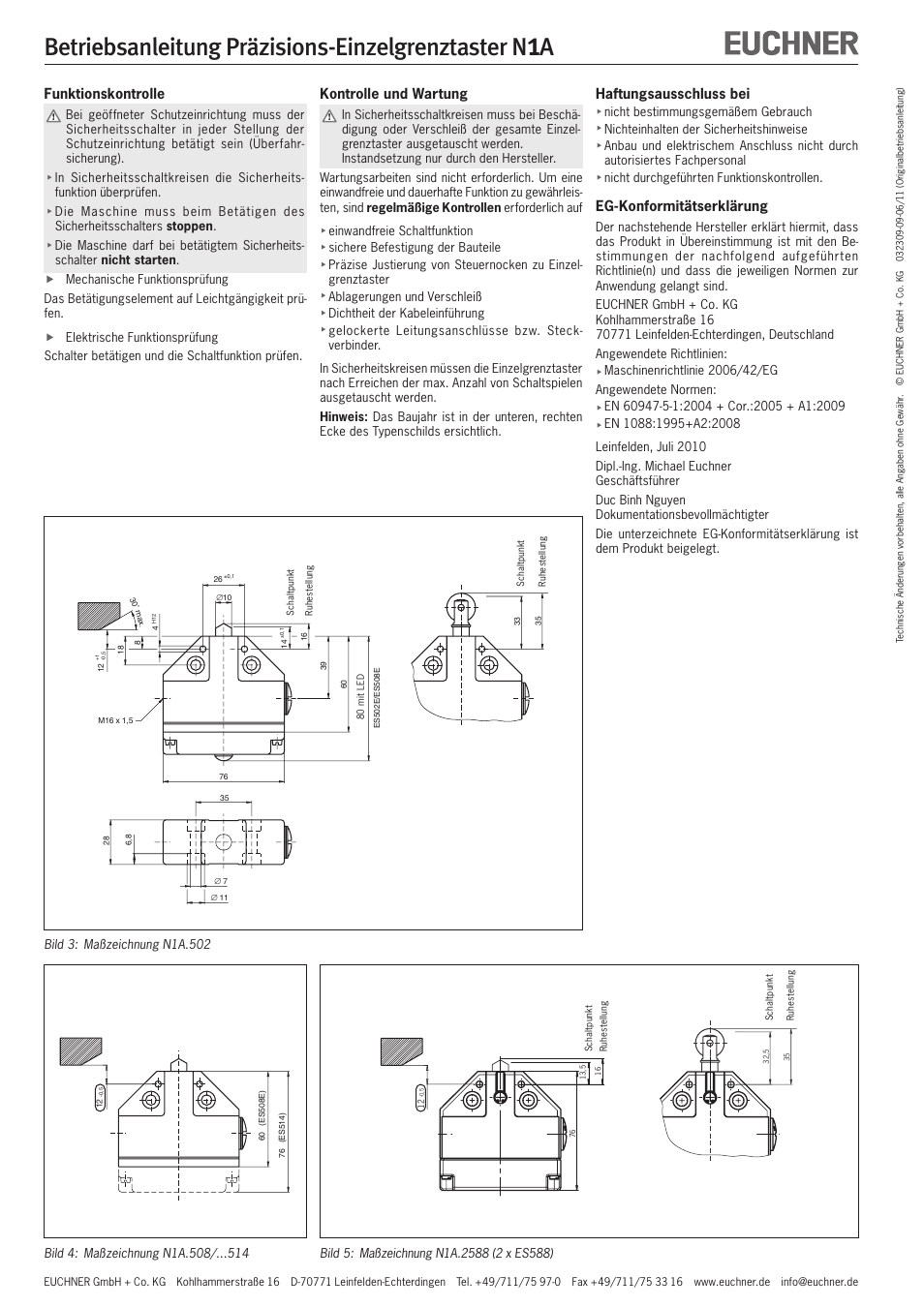 Betriebsanleitung präzisions-einzelgrenztaster n, Funktionskontrolle, Kontrolle und wartung | Haftungsausschluss bei, Eg-konformitätserklärung | EUCHNER N1A Single hole fixing limit switch User Manual | Page 2 / 12