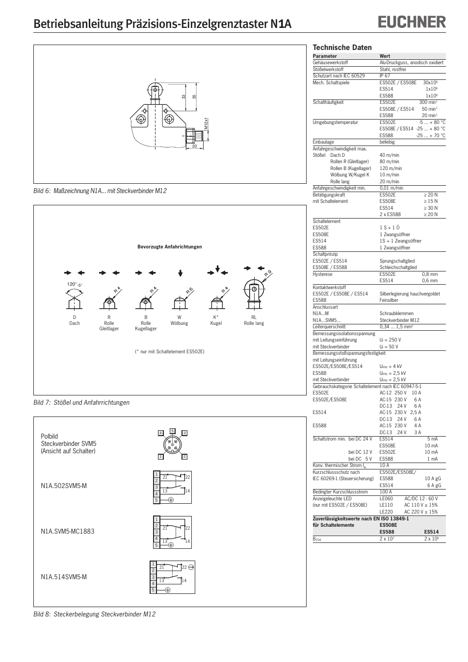 Betriebsanleitung präzisions-einzelgrenztaster n, Technische daten | EUCHNER N1A Single hole fixing limit switch User Manual | Page 3 / 12