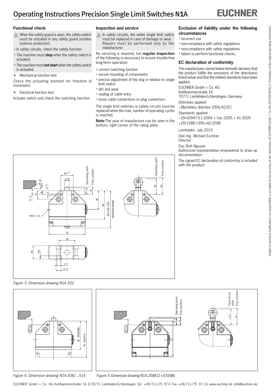 Functional check, Inspection and service, Ec declaration of conformity | EUCHNER N1A Single hole fixing limit switch User Manual | Page 5 / 12