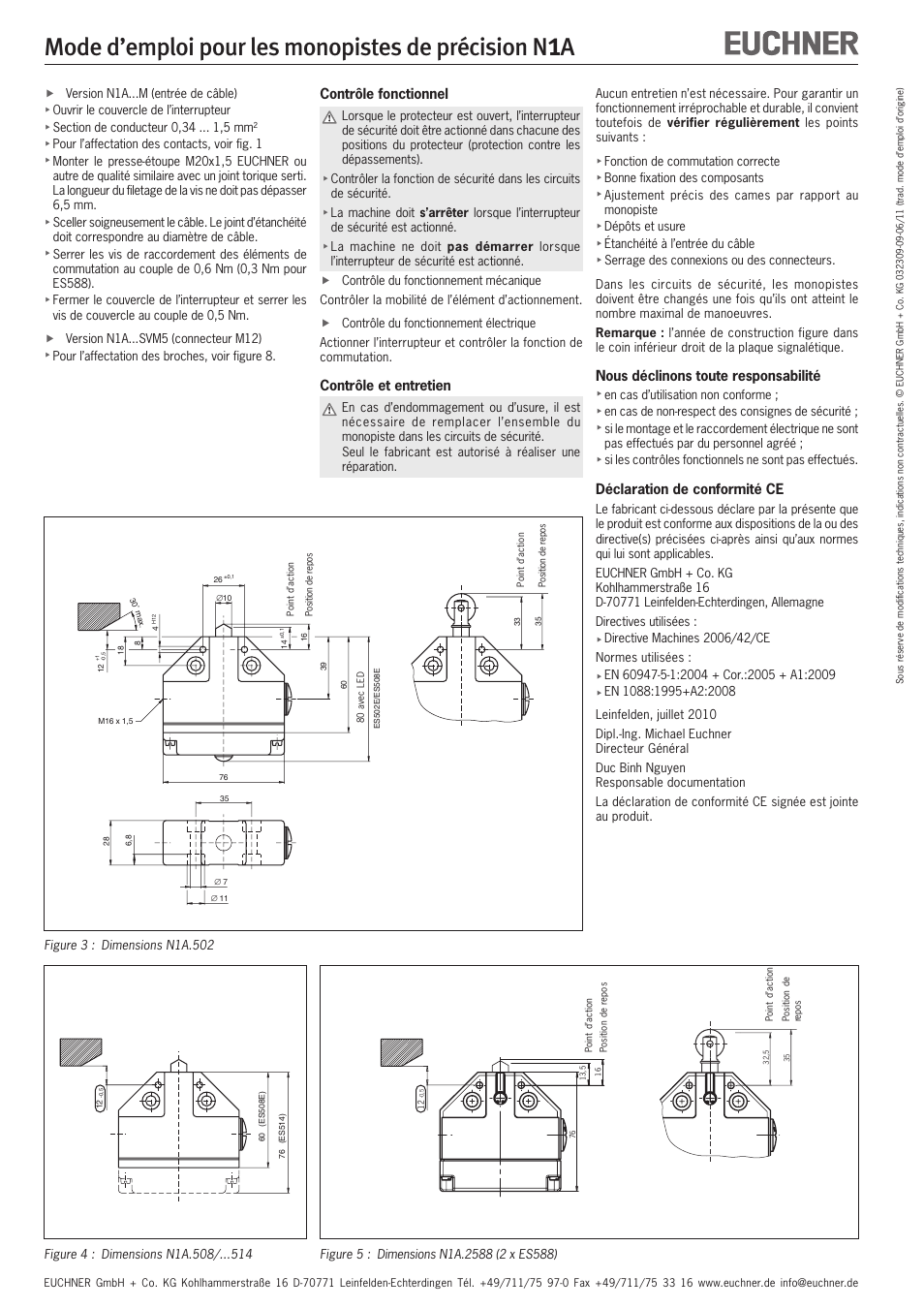 Mode d’emploi pour les monopistes de précision n, Contrôle fonctionnel, Contrôle et entretien | Nous déclinons toute responsabilité, Déclaration de conformité ce | EUCHNER N1A Single hole fixing limit switch User Manual | Page 8 / 12