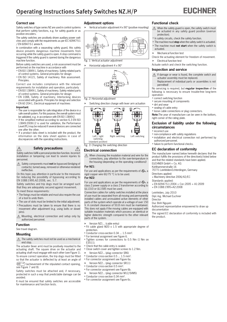 Operating instructions safety switches nz.h/p | EUCHNER NZ Safety switch User Manual | Page 4 / 12