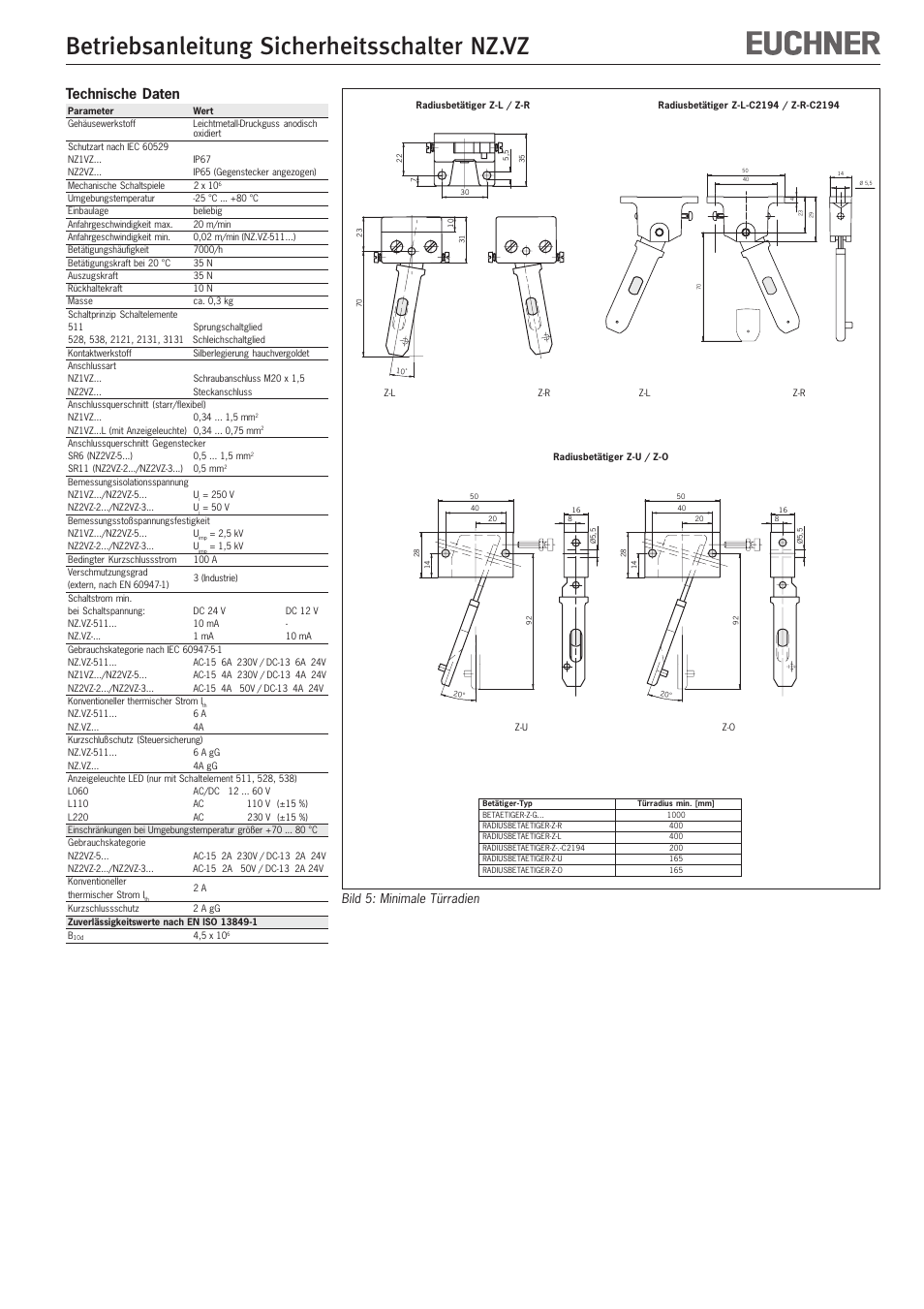 Betriebsanleitung sicherheitsschalter nz.vz, Technische daten, Bild 5: minimale türradien | EUCHNER NZ.VZ User Manual | Page 3 / 15