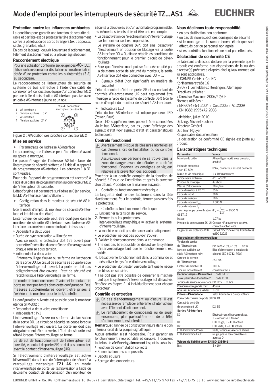 Protection contre les influences ambiantes, Raccordement électrique, Mise en service | Contrôle fonctionnel, Contrôle et entretien, Nous déclinons toute responsabilité, Déclaration de conformité ce, Caractéristiques techniques | EUCHNER TZxxxAS1 User Manual | Page 10 / 16