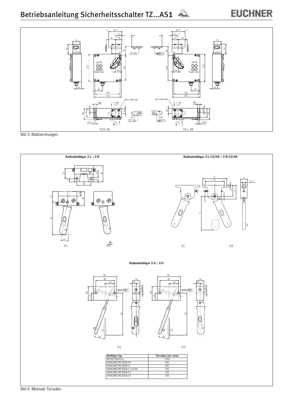 Betriebsanleitung sicherheitsschalter tz...as, Bild 3: maßzeichnungen, Bild 4: minimale türradien | EUCHNER TZxxxAS1 User Manual | Page 3 / 16