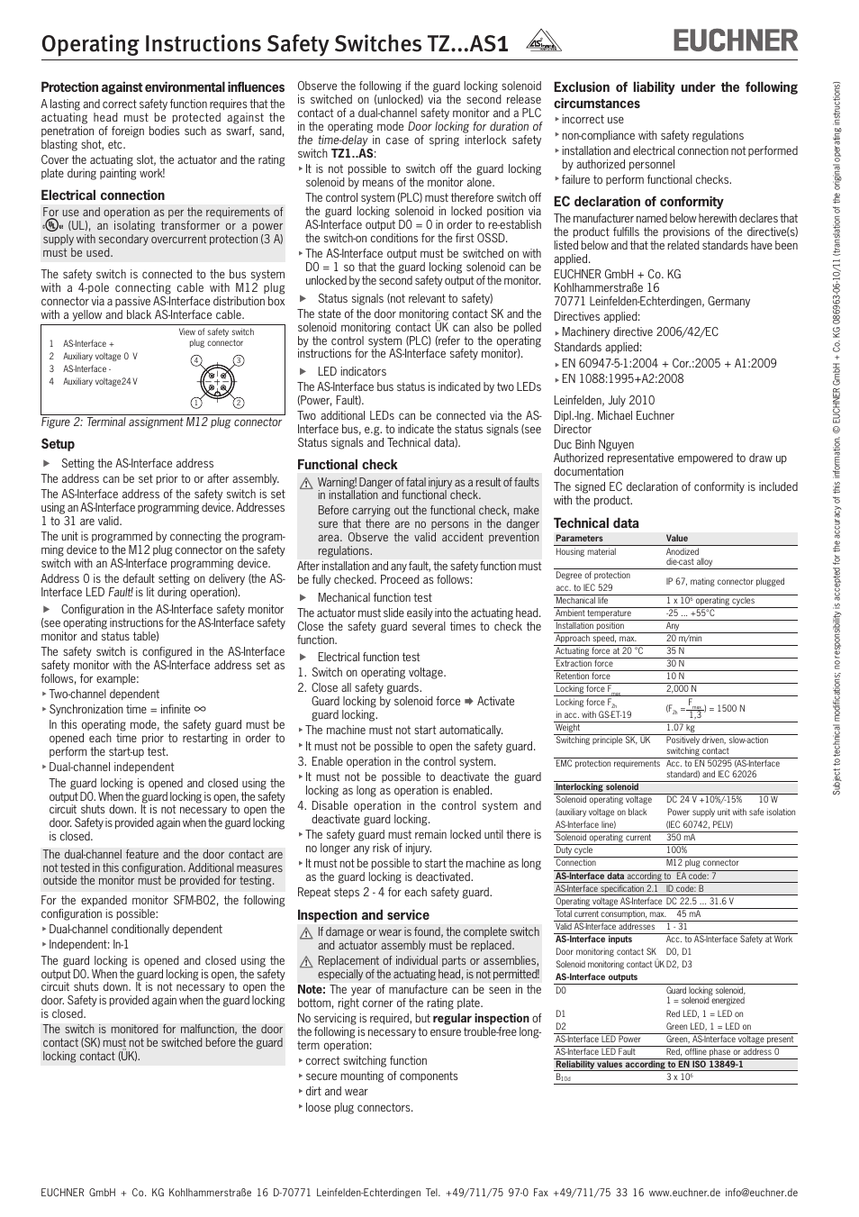 Operating instructions safety switches tz...as, Protection against environmental influences, Electrical connection | Setup, Functional check, Inspection and service, Ec declaration of conformity, Technical data | EUCHNER TZxxxAS1 User Manual | Page 6 / 16