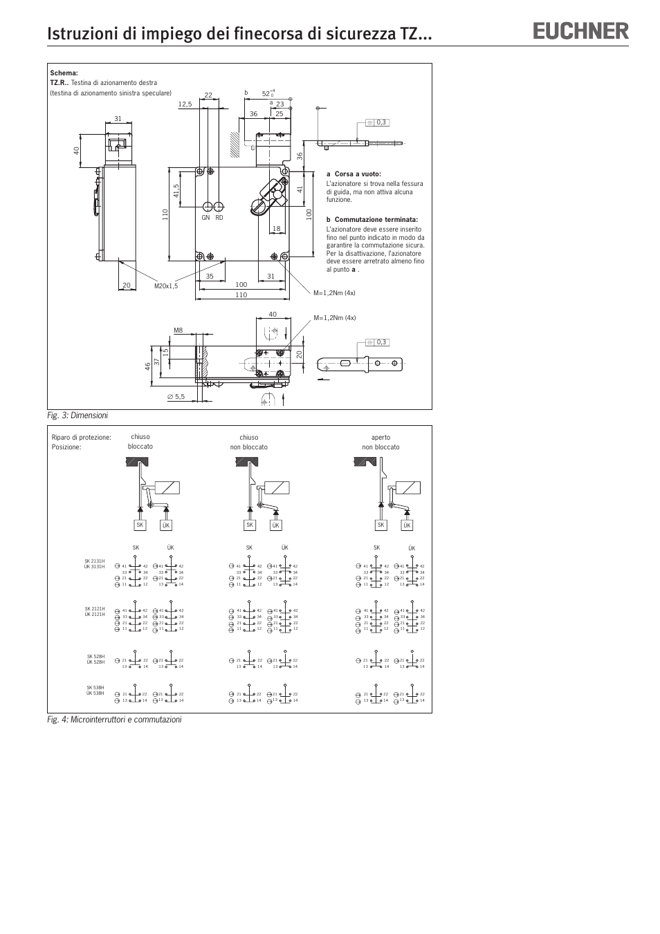 Fig. 3: dimensioni, Fig. 4: microinterruttori e commutazioni | EUCHNER TZxxx User Manual | Page 15 / 20